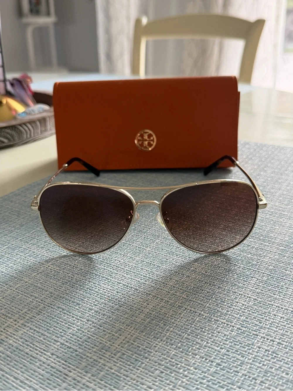 Tory Burch Gold Aviator Sunglasses with Brown Lenses and Orange Case